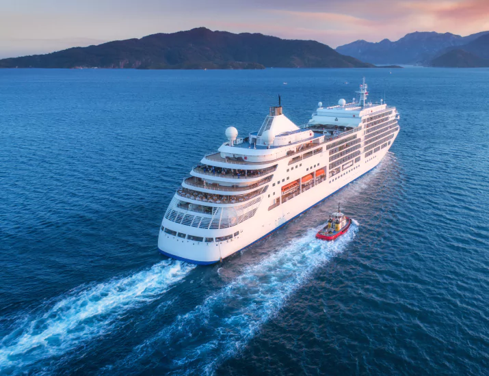 Aerial view of large white ship at sunset